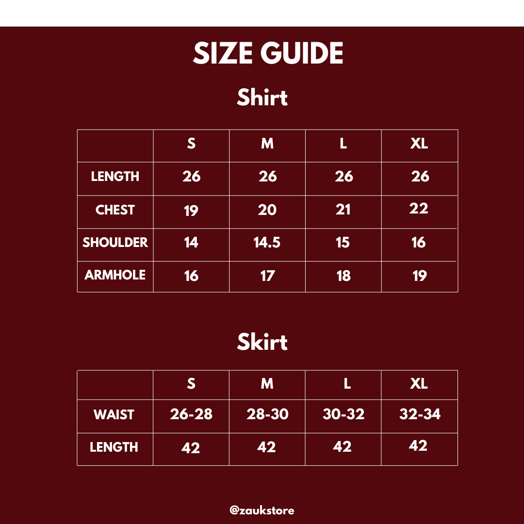 Size guide for shirt and skirt with measurements on a dark red background.