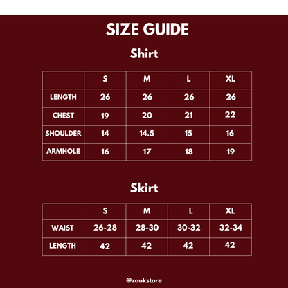 Size guide for shirt and skirt with measurements on a dark red background.