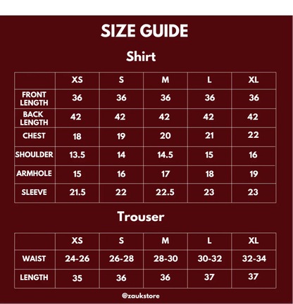 Size chart of a shirt and trouser.