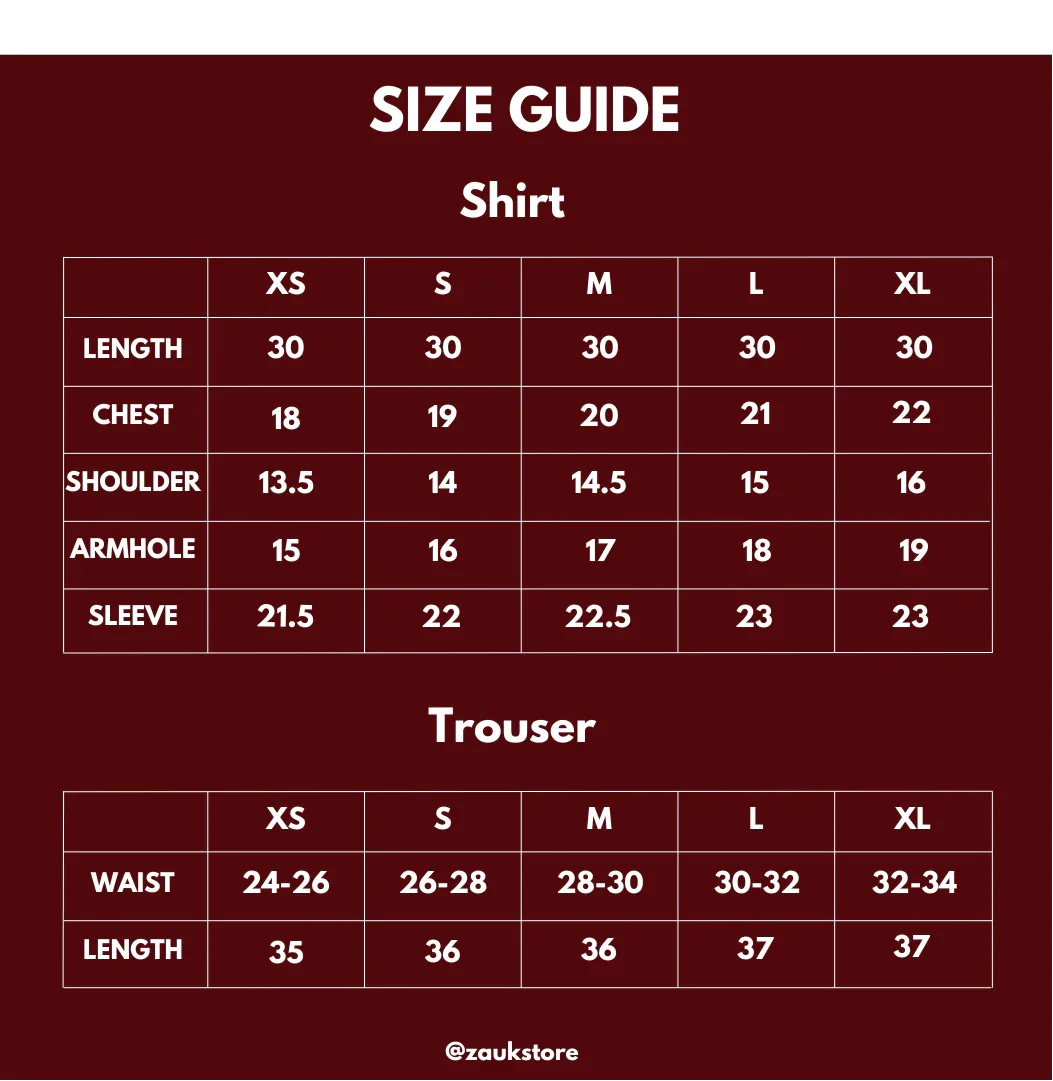 size chart of a shirt ad trouser.