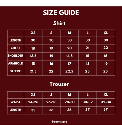 size chart of a shirt ad trouser.