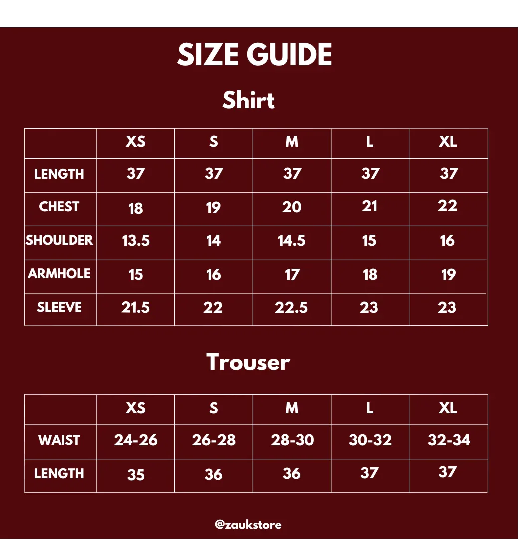 Size guide for shirts and trousers with measurements on a red background