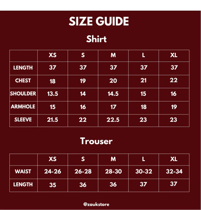 Size guide for shirts and trousers with measurements on a red background